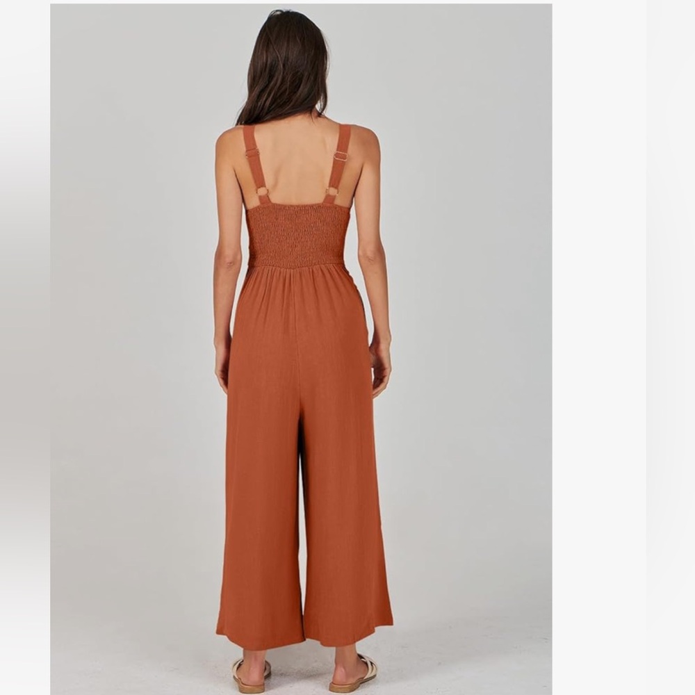 Anrabess Women's Brick Red Orange Jumpsuit Wide Leg Sleeveless Linen Romper - Picture 4 of 15